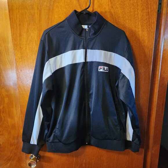 Men's Large Fila Sport Black with White/Gray Stripes Lightweight Full Zip Jacket - Picture 2 of 10
